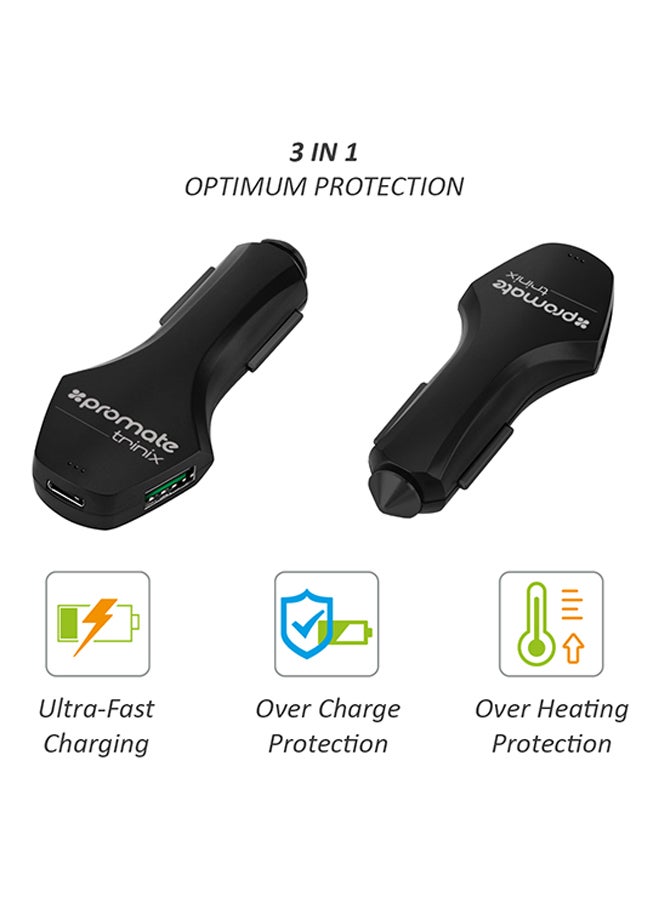 PROMATE - Trinix Quick Charge 3.0 USB Car Charger With Type-C For Mobile Phones And Tablets Black - Image 1