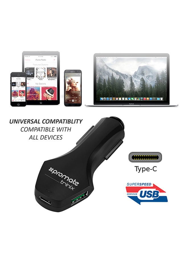 PROMATE - Trinix Quick Charge 3.0 USB Car Charger With Type-C For Mobile Phones And Tablets Black - Image 1