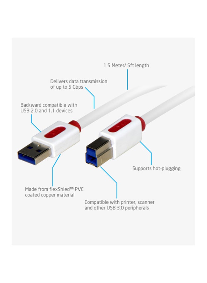 PROMATE High-Speed Type-A To Type-B USB 3.0 Cable For Printer, Scanner White  - Image 2