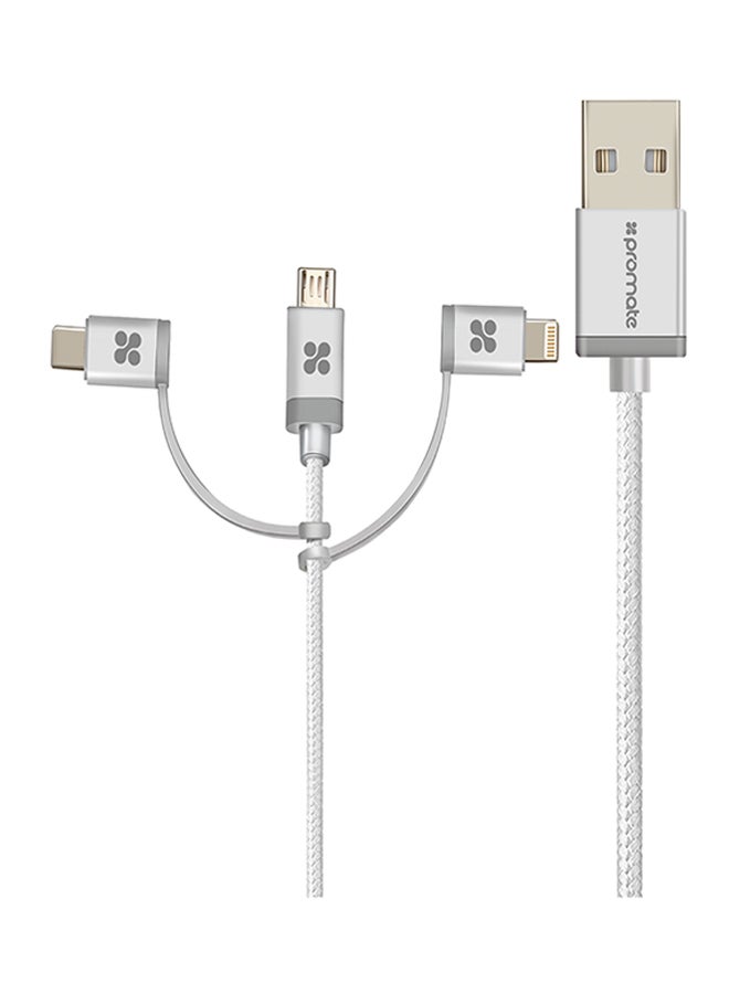 PROMATE - USB-C Type C, Micro USB, Apple MFi Lightning Cable 3 in 1 Triple Head Data and Charge Cable For Apple, Android and Type C Devices, Unilink-Trio Silver - Image 1