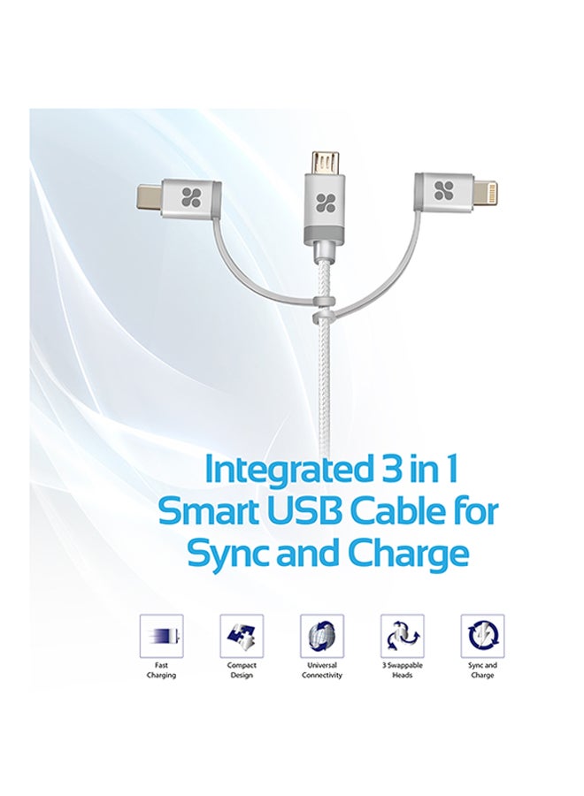 PROMATE - USB-C Type C, Micro USB, Apple MFi Lightning Cable 3 in 1 Triple Head Data and Charge Cable For Apple, Android and Type C Devices, Unilink-Trio Silver - Image 1