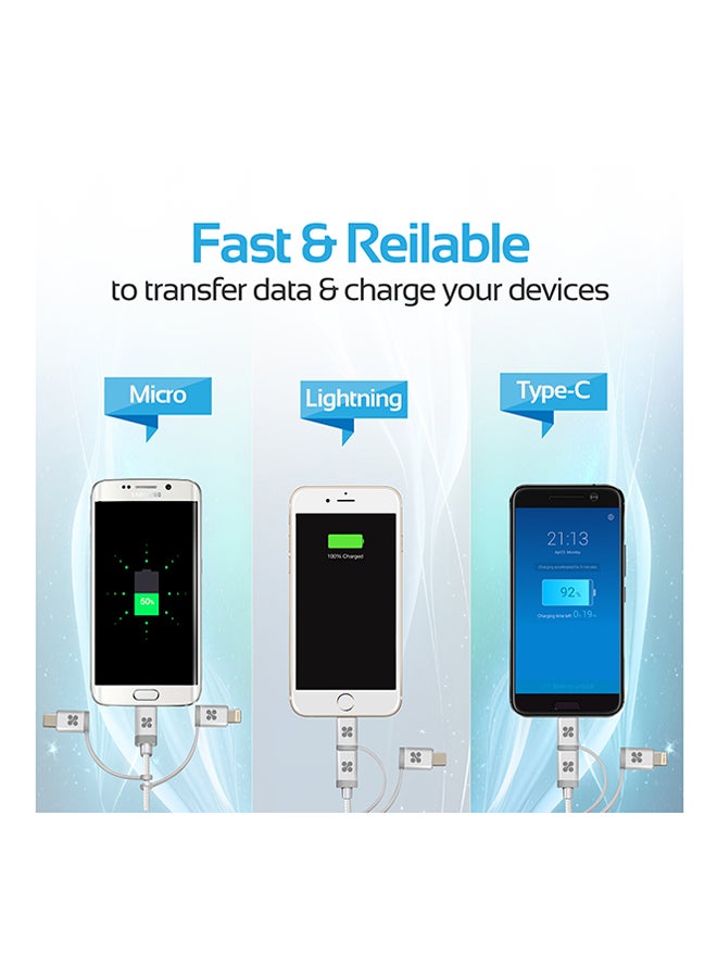 PROMATE - USB-C Type C, Micro USB, Apple MFi Lightning Cable 3 in 1 Triple Head Data and Charge Cable For Apple, Android and Type C Devices, Unilink-Trio Silver - Image 1