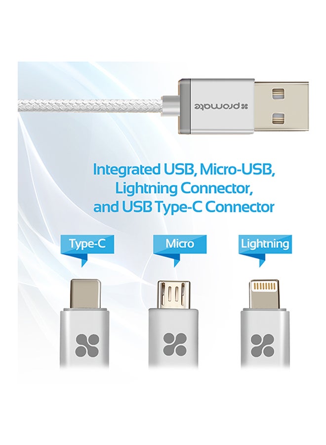 PROMATE - USB-C Type C, Micro USB, Apple MFi Lightning Cable 3 in 1 Triple Head Data and Charge Cable For Apple, Android and Type C Devices, Unilink-Trio Silver - Image 1