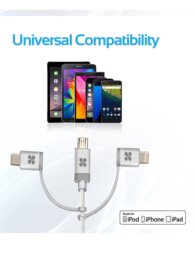 PROMATE - USB-C Type C, Micro USB, Apple MFi Lightning Cable 3 in 1 Triple Head Data and Charge Cable For Apple, Android and Type C Devices, Unilink-Trio Silver - Image 1