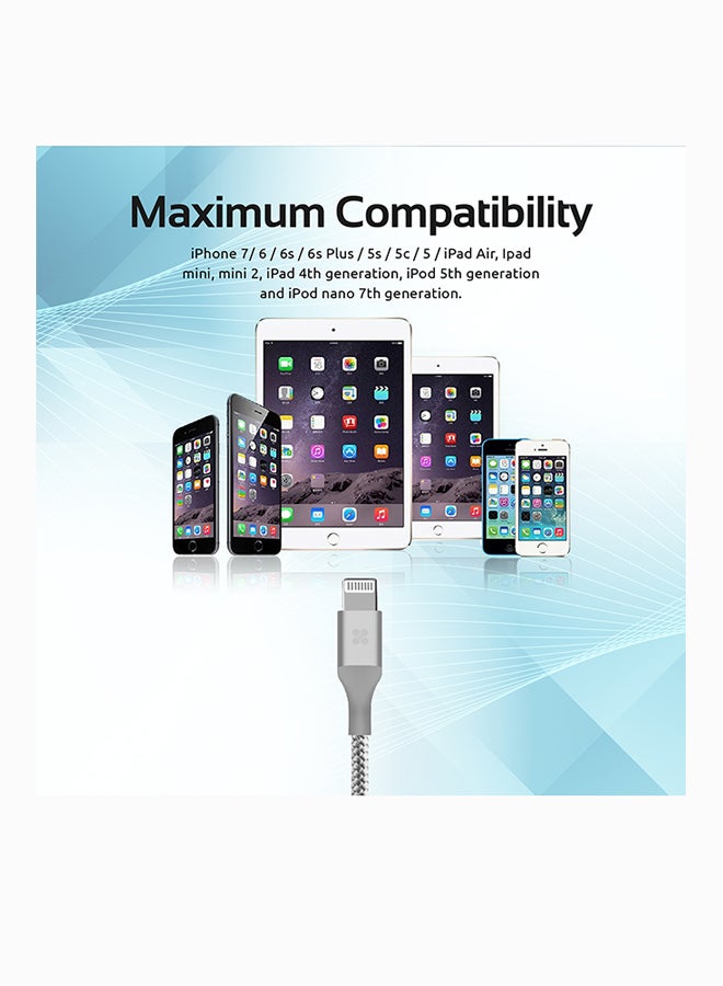 USB And Charge Cable with Short-Circuit Protection for iPhone7, 7 Plus, 6s, 6s Plus, 6, 6 Plus, 5 5S, 5C, SE, iPad, iPod Silver