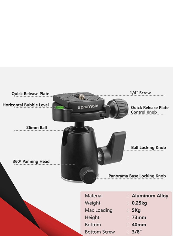 PROMATE - Lightweight 5-Section Adjustable Aluminum Tripod Monopod with Dual Bubble Level, 360 Degree Head For Canon, Nikon, DSLR, Smartphones, Precise-155 black - Image 1
