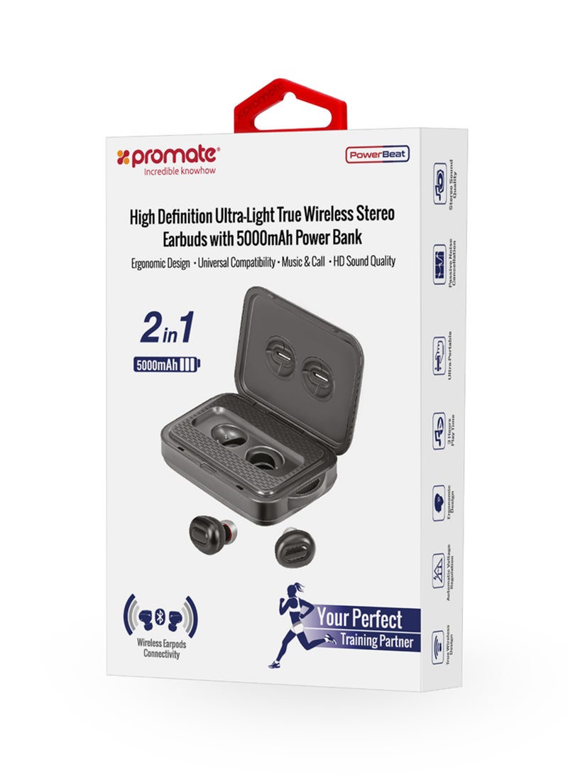 PROMATE - Wireless Earbud with Power Bank, Smallest True Wireless Bluetooth Headphone with 5000mAh Charging Case, Noise Cancelling and Built-In Mic for all Bluetooth Enables Devices, PowerBeat Black - Image 1
