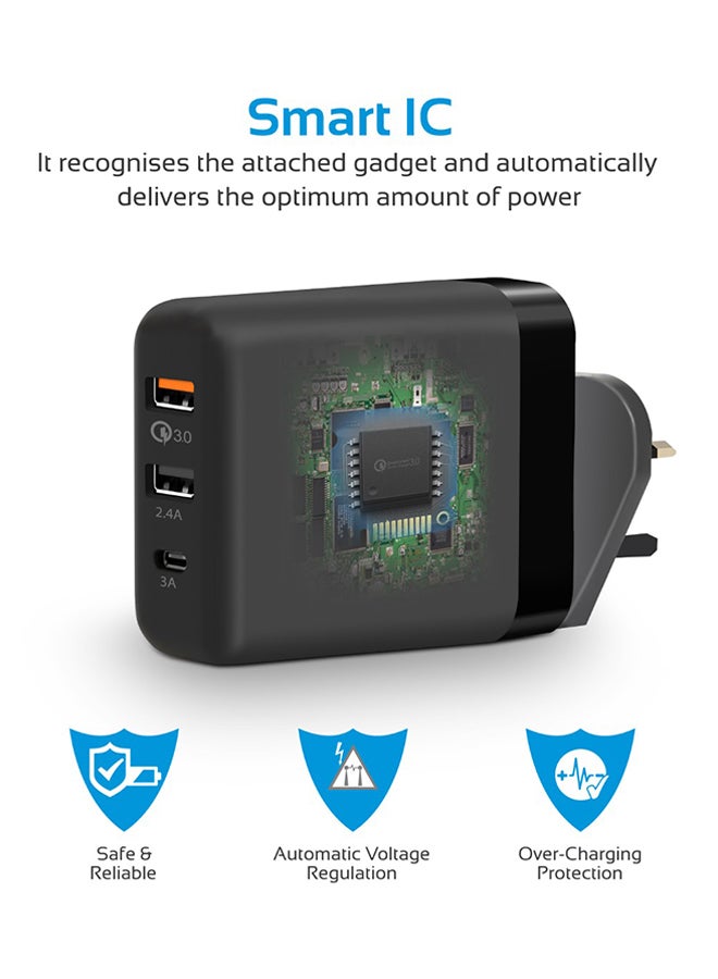 PROMATE - USB Type-C Charger, Universal 30W USB Type-C Power Delivery Wall Charger with Qualcomm Quick Charger 3.0 USB Port and 2.4A USB Port for Smartphones, Tablets, PowerHub-QC.UK Black - Image 1