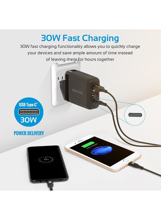 PROMATE - USB Type-C Charger, Universal 30W USB Type-C Power Delivery Wall Charger with Qualcomm Quick Charger 3.0 USB Port and 2.4A USB Port for Smartphones, Tablets, PowerHub-QC.UK Black - Image 1