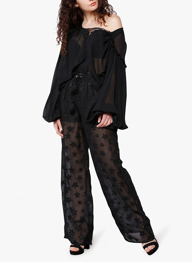 GLAMOROUS Star Sheer Wide Mid-Rise Trousers Black - Image 2