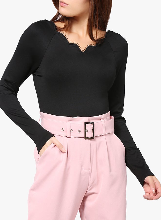LOST INK Scallop Trim Long Sleeve Bodysuit Black  - Image 1