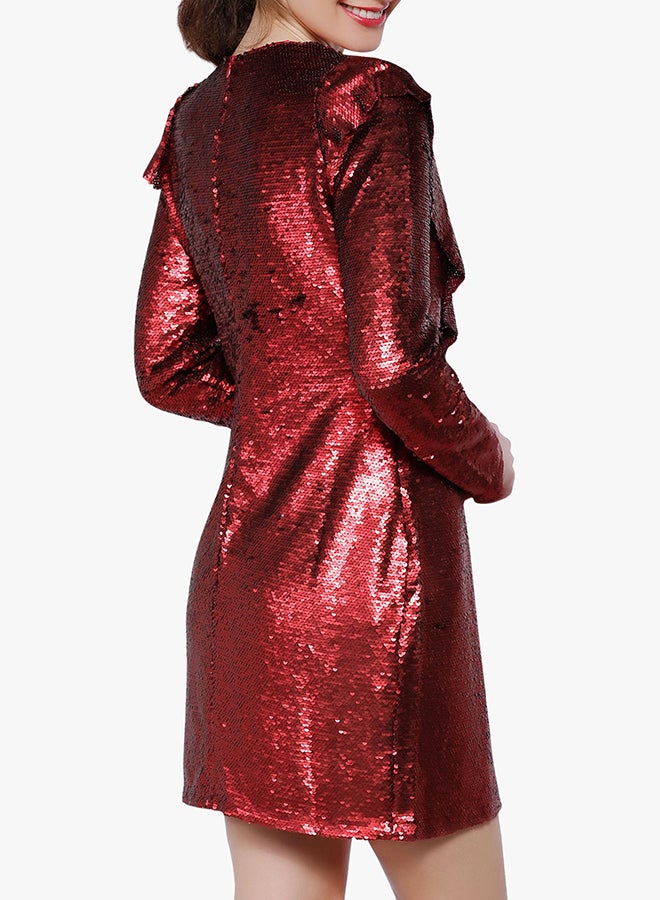 GLAMOROUS - Sequin Frill Long Sleeve Dress Red - Image 1