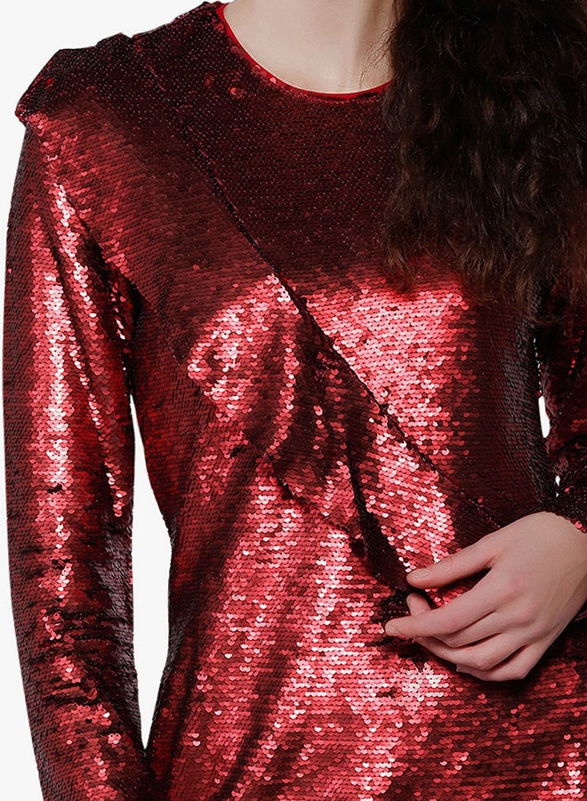 GLAMOROUS - Sequin Frill Long Sleeve Dress Red - Image 1