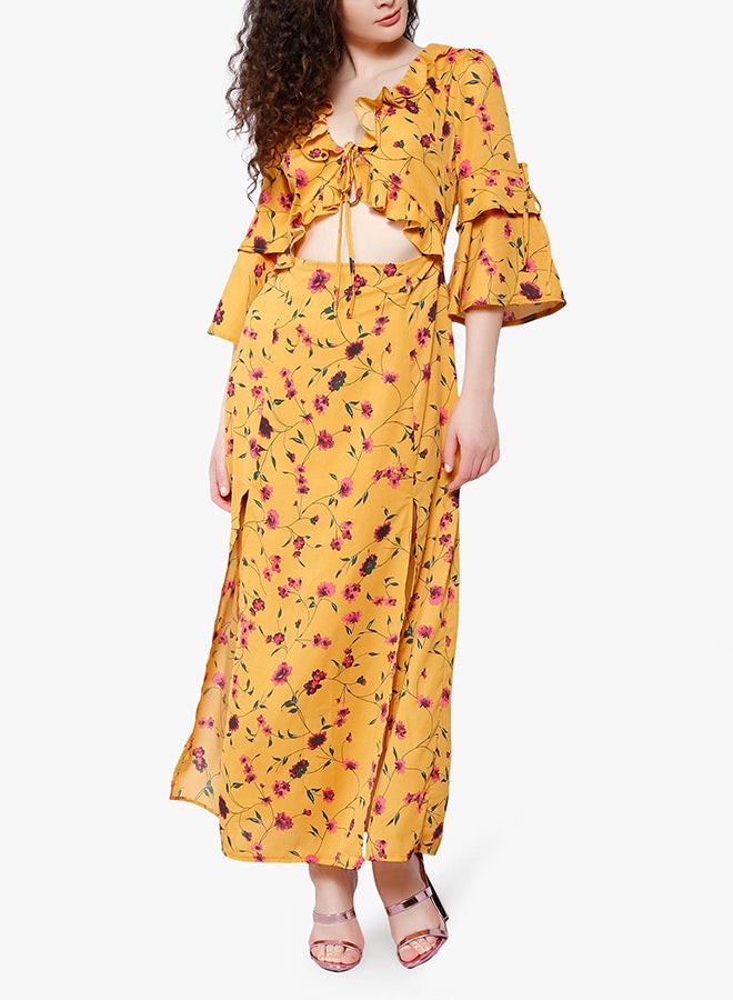 GLAMOROUS - Floral Print Tie Front Sleeve Maxi Dress Yellow - Image 1