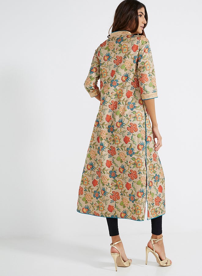 Raju Plaza - Three-Quarter Sleeve Painterly Floral Kurti Shimmery Light/Gold - Image 1