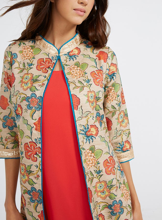 Raju Plaza - Three-Quarter Sleeve Painterly Floral Kurti Shimmery Light/Gold - Image 1