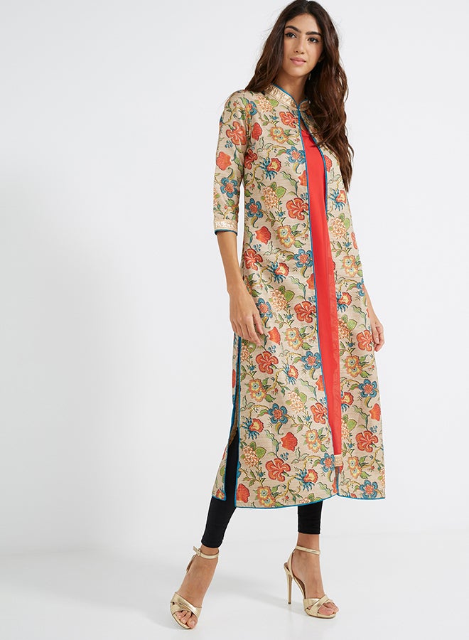 Raju Plaza - Three-Quarter Sleeve Painterly Floral Kurti Shimmery Light/Gold - Image 1