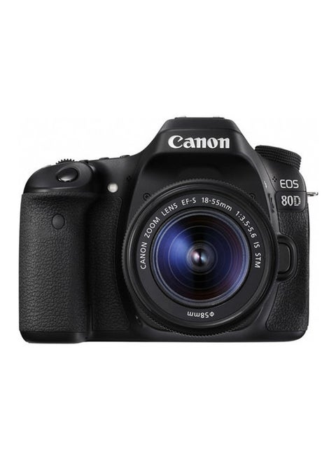 كاميرا رقمية بعدسة أحادية عاكسة EOS 80D مع عدسات تكبير/ تصغير EF-S ببعد بؤري 18-55 مم/ وعدسات بتقنية IS STM وبفتحة 3.5-5.6، بدقة 24.2 ميجابكسل، مزود بها شاشة لمس LCD ومدمج بها خاصية الواي فاي
