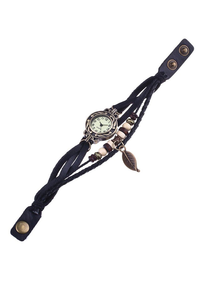 LESHP Women's Retro Leaf Synthetic Leather Strap Analog Wrist Watch YG00302 - 25 mm - Black - Image 1