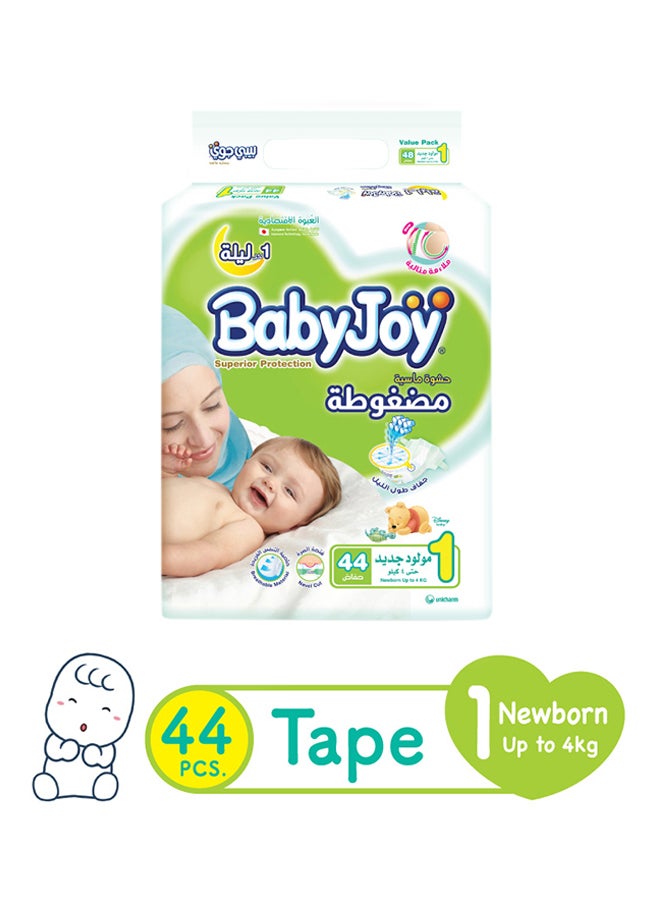 BabyJoy Compressed Diamond Pad Newborn Diapers, Value Pack, Size 1(Upto 4 Kg), 44 Count