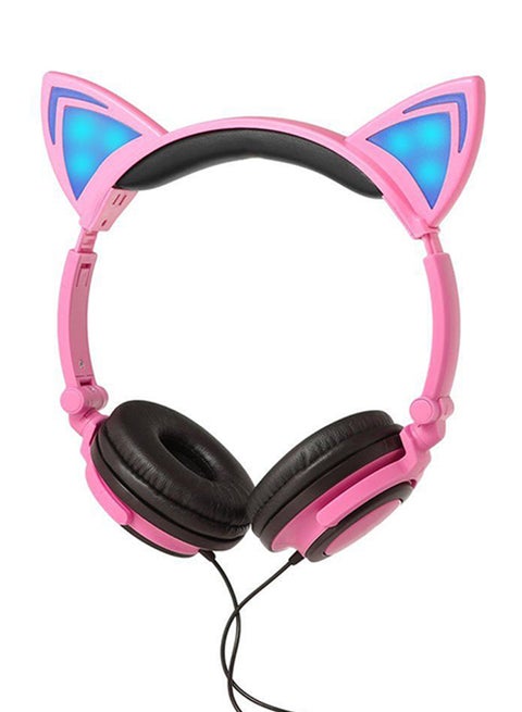Cat Ear Shape Over-Ear Headphones With Mic And Glowing Light Pink