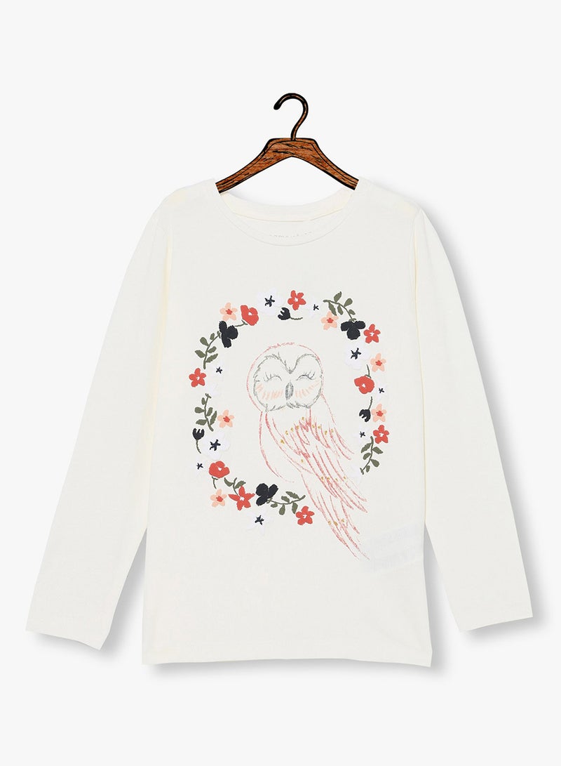 NAME IT - Kids Long Sleeve Owl Print T-Shirt White - Image 1