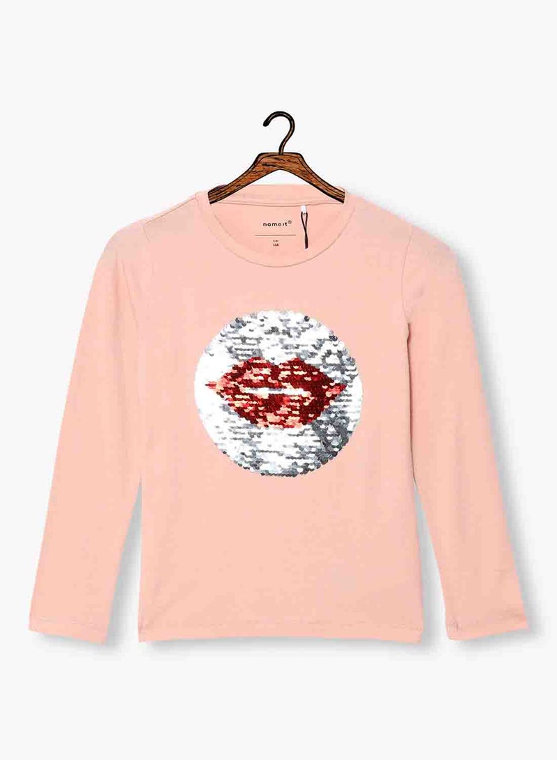 NAME IT Kids Reversible Sequin Long Sleeve T-Shirt Pink/Red - Image 1