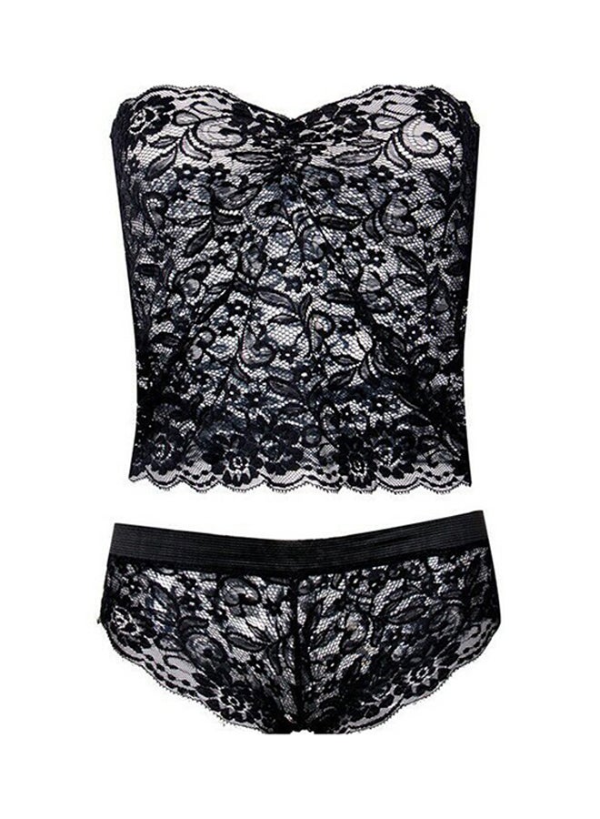 OUTAD - Women's Lace Corset Push Up Vest Top Bra + Pants Sleepwear Suit Black - Image 1