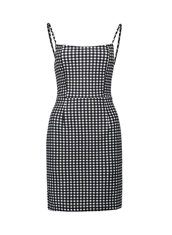 OUTAD Small Plaid Pattern Hip Skirt Spaghetti Strap Women Black And White Dress Black/White - Image 1