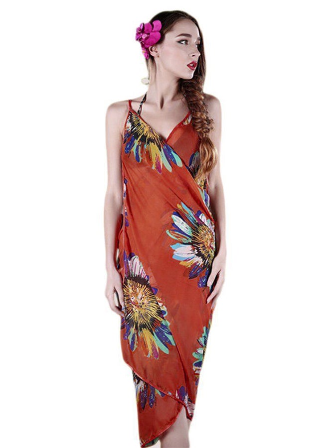 OUTAD Women Summer Floral Chiffon Bikini Cover Up Beach Dress Swimwear Wrap Orange - Image 1