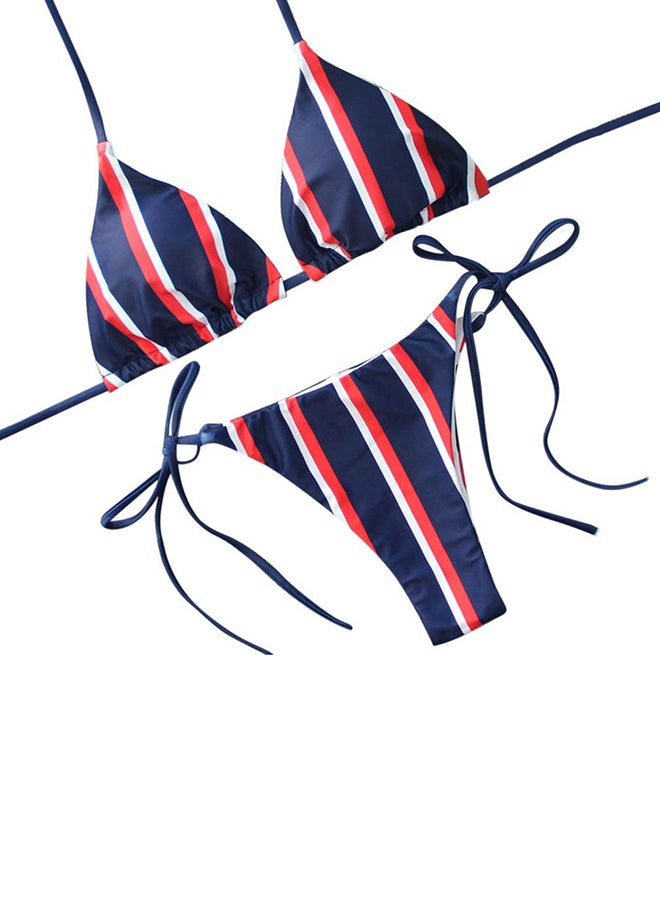 OUTAD Striped Swimsuit Bikini Set Push Up Padded Bra Lace-up Beach Bathing Suit Blue/Red/White - Image 1