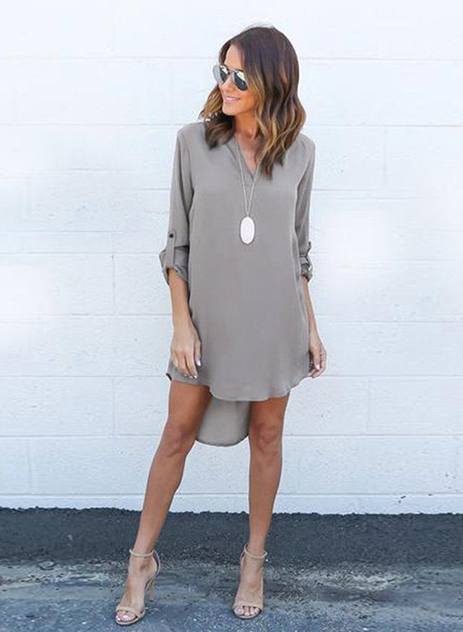OUTAD - Autumn Long Sleeve Asymmetric Mini Dress Grey - Image 1
