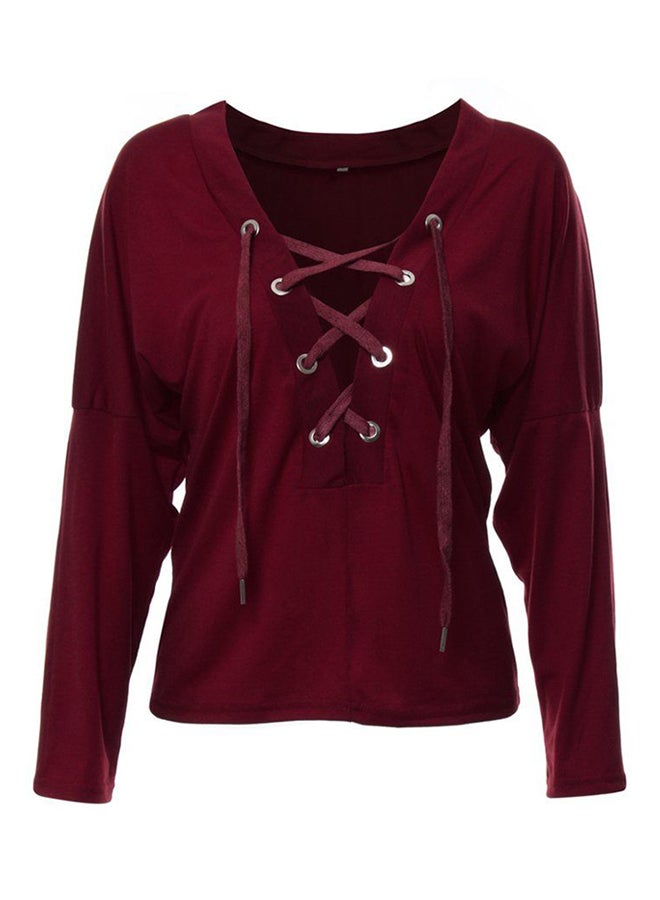 OUTAD Stylish Deep V-Neck Lace-up Long Sleeve Blouse Top Wine Red  - Image 1