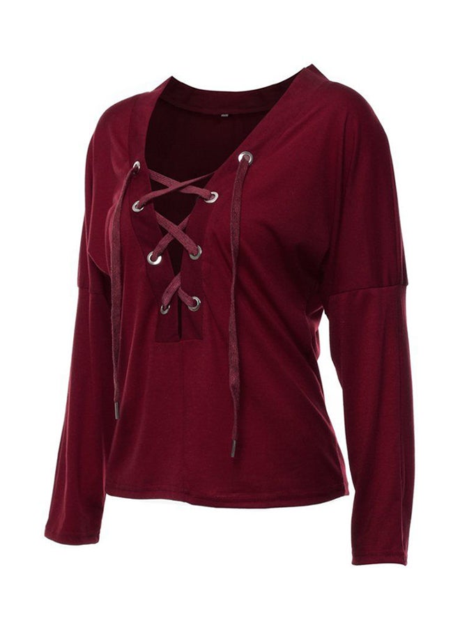 OUTAD Stylish Deep V-Neck Lace-up Long Sleeve Blouse Top Wine Red  - Image 3