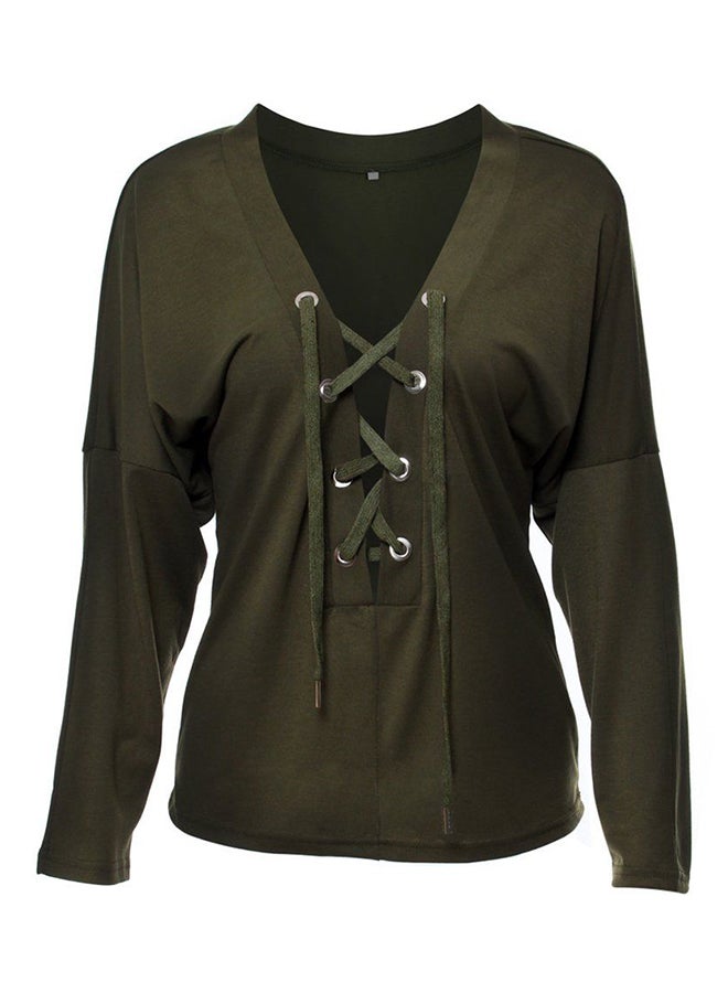 أوتاد بلوزة أنيقة بفتحة رقبة على شكل حرف V بأكمام طويلة وأربطة اللون الأخضر العسكري - Image 1