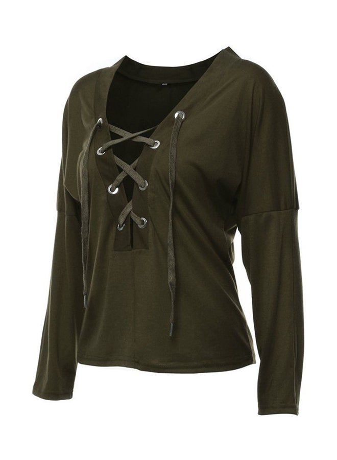 أوتاد بلوزة أنيقة بفتحة رقبة على شكل حرف V بأكمام طويلة وأربطة اللون الأخضر العسكري - Image 3