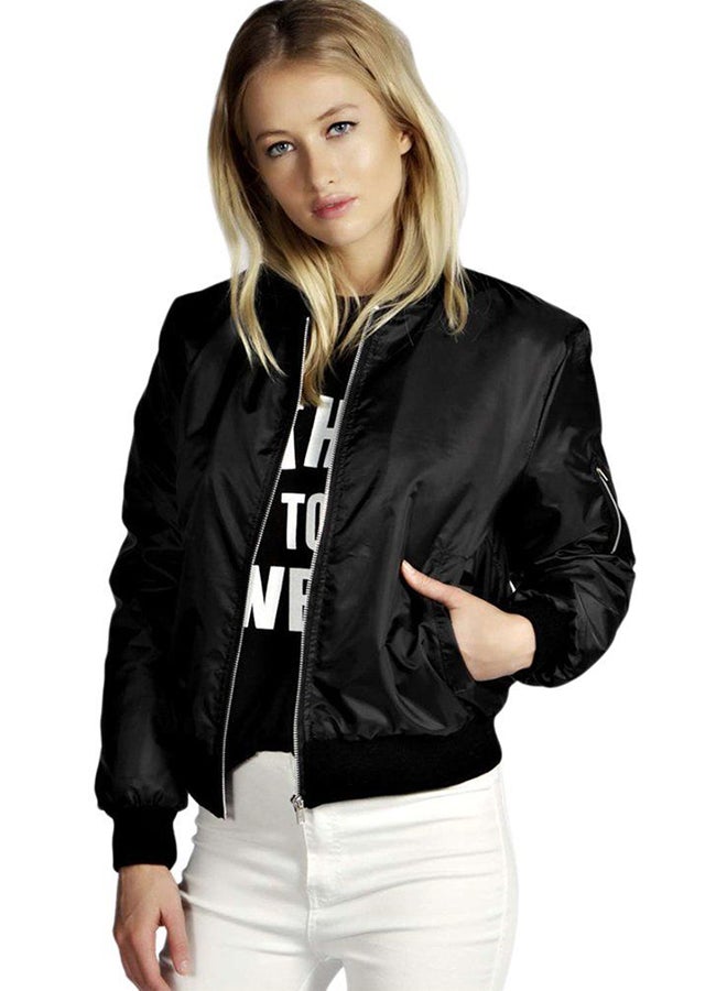 OUTAD - Solid Fashionable Winter Long Sleeve Bomber Jacket Black - Image 1