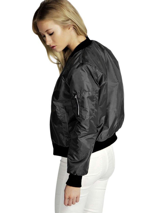 OUTAD - Solid Fashionable Winter Long Sleeve Bomber Jacket Black - Image 1