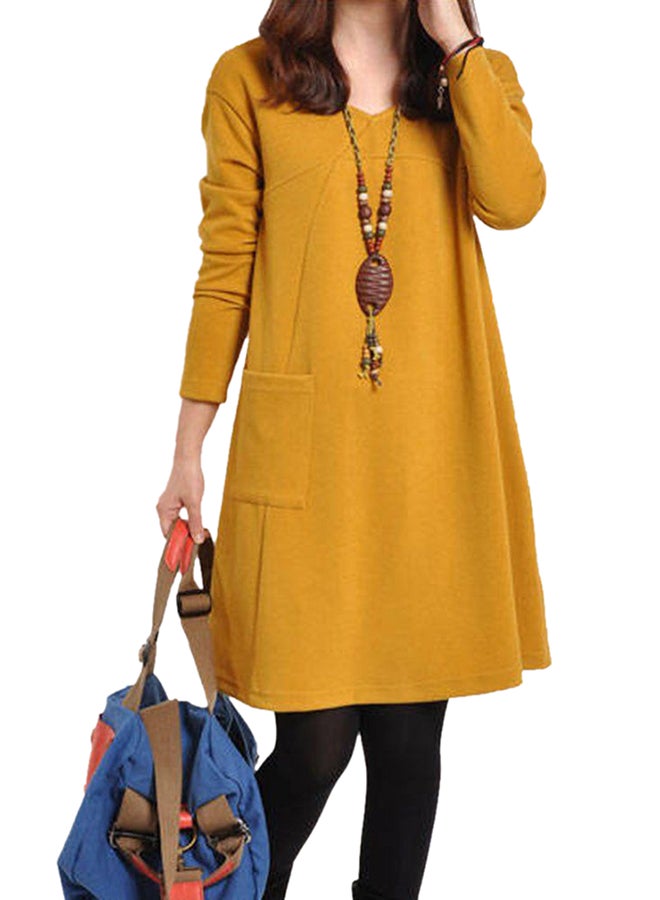 OUTAD Long Sleeve Midi Shift Dress Yellow - Image 1