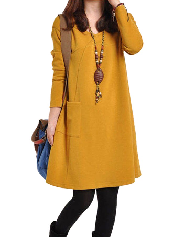 OUTAD Long Sleeve Midi Shift Dress Yellow - Image 3