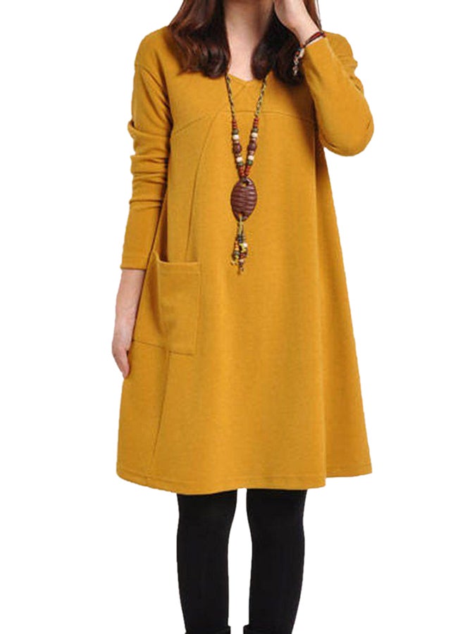 OUTAD Long Sleeve Midi Shift Dress Yellow - Image 4