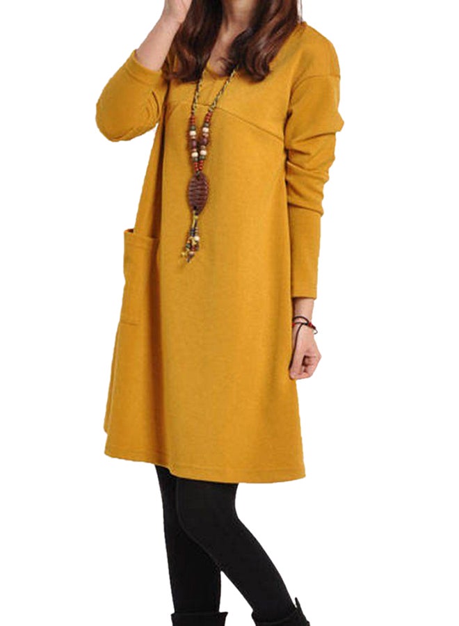 OUTAD Long Sleeve Midi Shift Dress Yellow - Image 5