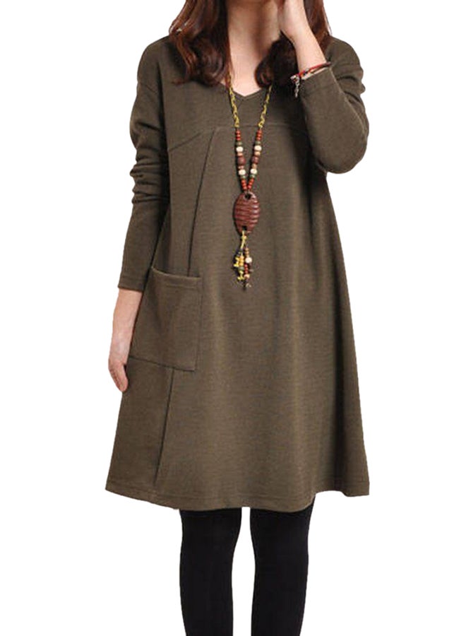 OUTAD Long Sleeve Midi Shift Dress Coffee - Image 1