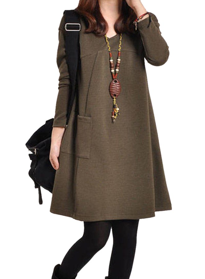 OUTAD Long Sleeve Midi Shift Dress Coffee - Image 3
