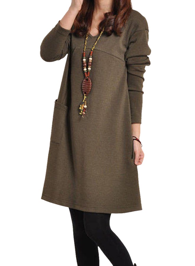 OUTAD Long Sleeve Midi Shift Dress Coffee - Image 5