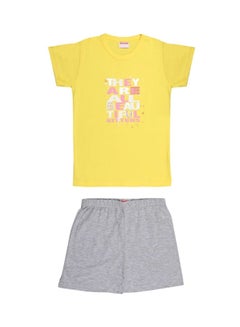 Soko Mesh Short Sleeve Printed Top And Short Set Yellow/Grey  - Image 1