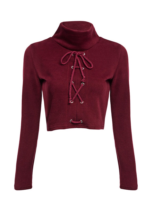 Drawstring Rib Knit Long Sleeve Blouse Wine Red  - Image 1