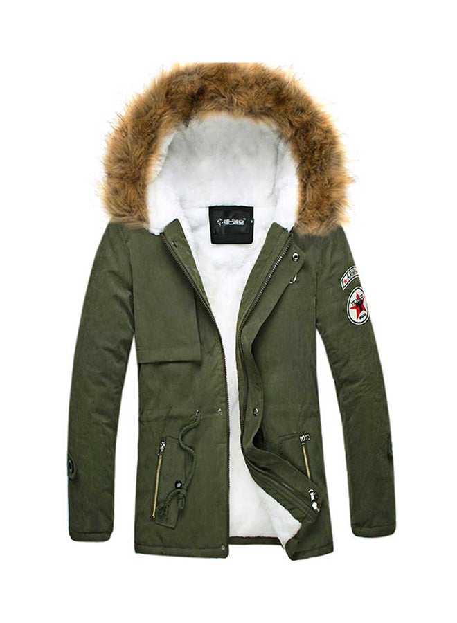 Draw String Warm Long Sleeve Hooded Coat Army Green