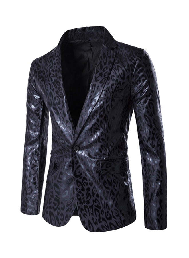 Lapel Leopard One Button Long Sleeve Blazer Black  - Image 1