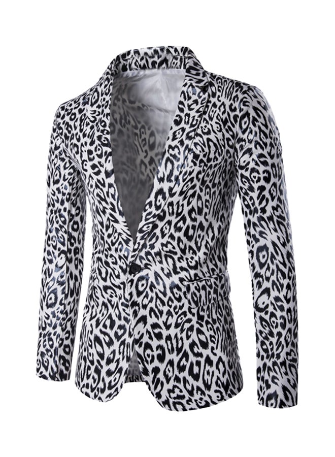 Lapel Leopard One Button Long Sleeve Blazer Black/White - Image 1